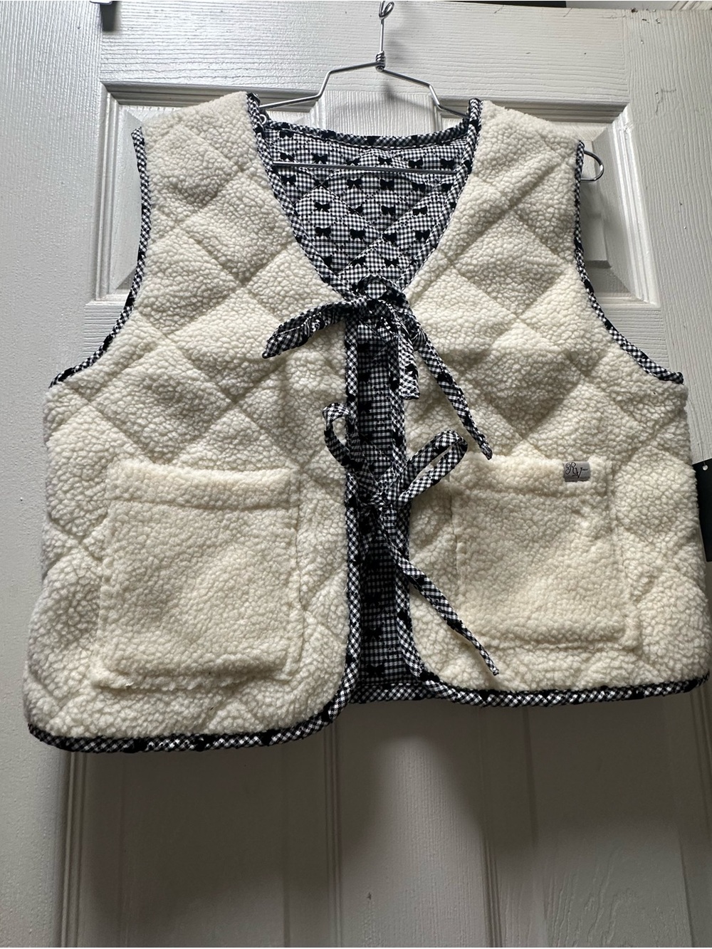 Cream Sherpa Tie-Front Vest with Black Gingham Trim reversible size Md